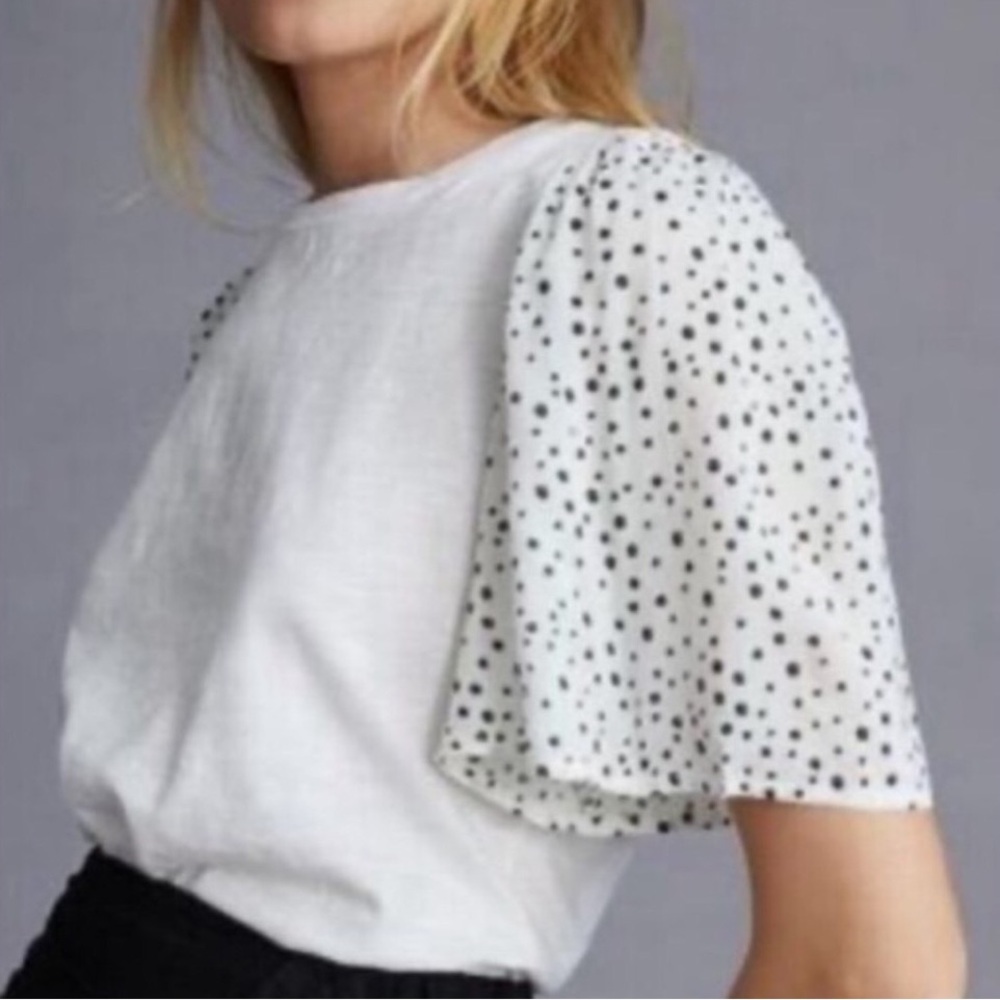 Anthropologie White Tee with Black Polka Dot Puff Sleeves
